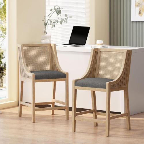 Fabric Upholstered Wood and Cane Counter Stools with Backrest,Set of 2,French Country Barstools Chair