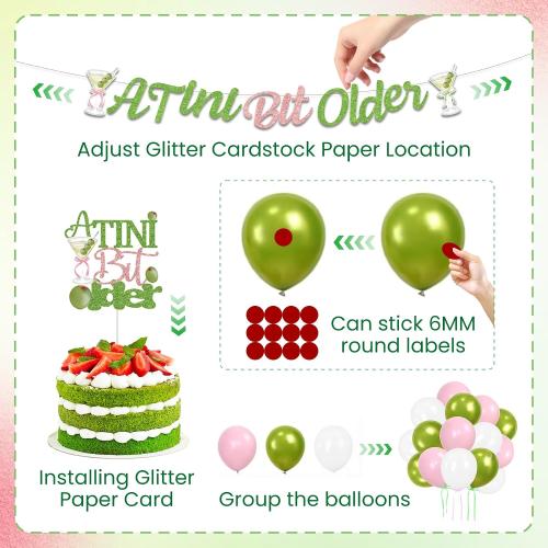 A Tini Bit Older Birthday Decorations, Green Pink Glitter A Tiny Bit Older Birthday Decorations Include Banner, Balloons, tablecolth, Cake Topper for Girls Martini Bachelorette Party Supplies