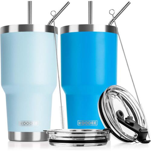 koodee 30 oz Tumbler Cup with Straw-2 Pack Stainless Steel Vacuum Insulated Coffee Tumbler for Women, Travel Ice Coffee Mug with Lids (Baby Blue and Sky Blue)