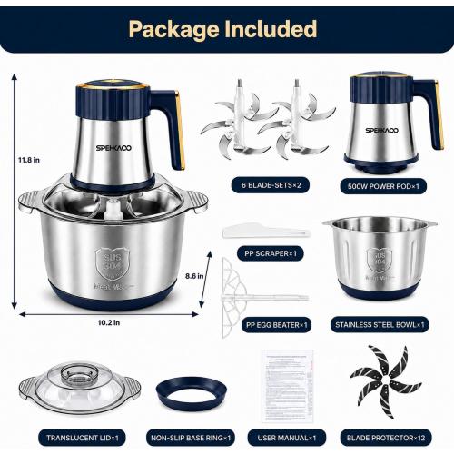 Food Processor,5-Speed Electric Food Chopper,Meat Grinder 5L(20Cups) with Two 6-Blade Sets,500W Powerful Vegetable Chopper Used for Dough Mixing,Meat, Nuts, Fruits, Garlic and Vegetables