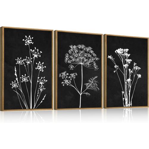 BINCUE Extra Large Framed Black and White Wall Art Floral Wall Decor Botanical Paintings for Living Room Bedroom Bathroom 24x36 Inch 3 Piece