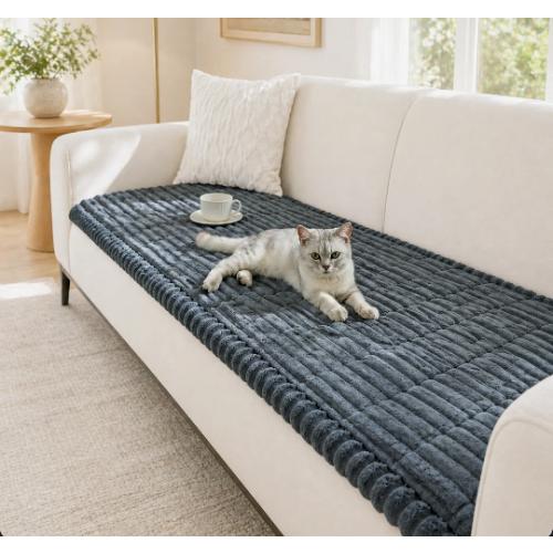 Soft Striped Plush Box Cushion Sofa Slipcover Gray