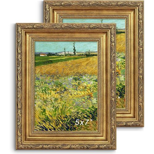 Antique Gold 5x7 Picture Frame, Ornate Embossing 5 x 7 Frame with Tempered Real Glass, Tabletop or Wall Mounting Display for Art Prints or Pictures, 2 Pack