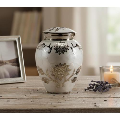 eSplanade Cremation Urn Memorial Container Jar Pot | Metal Burial Urns | Keepsake for Ashes | Brass - White - 6 Inches (Medium)