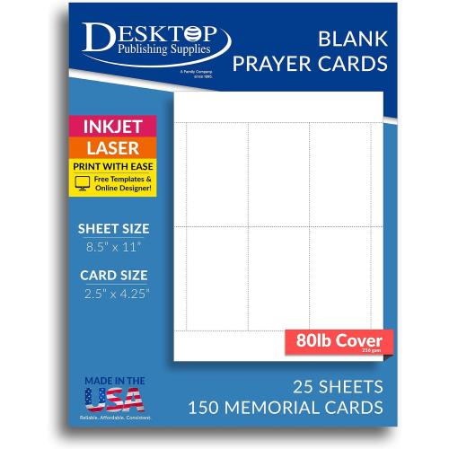 Printable Blank Memorial Cards for Funeral - 150 Prayer Cards (25 Sheets) - Thick 80lb Cover (White Matte Finish) - For Inkjet & Laser Printers - Quality Keepsake for Celebration of Life