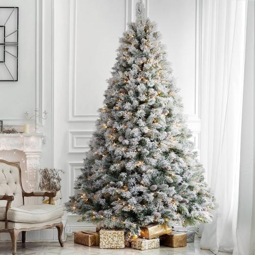 Pre-Lit Christmas Tree 6ft Snow Flocked, Artificial Spruce, 350 Clear Lights, Feel Real Hinged Xmas Trees