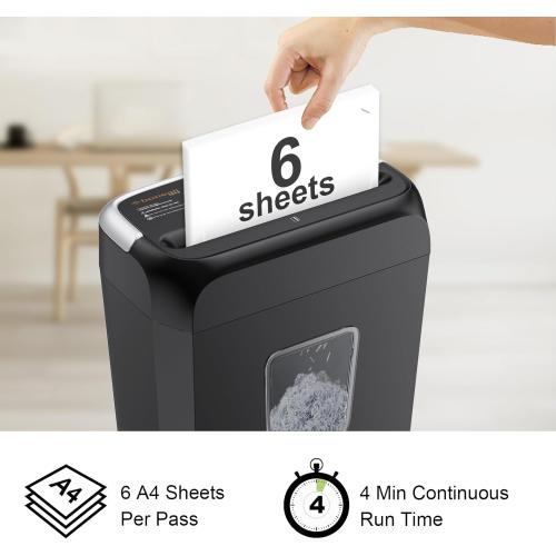 Bonsaii 6-Sheet Cross Cut Paper Shredder for Home, 3.4 Gal Bin