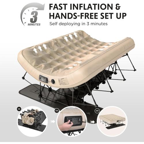 Simpli Comfy Queen EZ Bed Self-Inflating Air Mattress with Built-in Frame, Pump and Wheeled Case, Blow Up Inflatable Rolling Air Bed on Wheels
