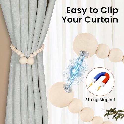KLOGTSIND Magnetic Curtain Tiebacks, 2 Pack Wood Bead Curtain Holdbacks