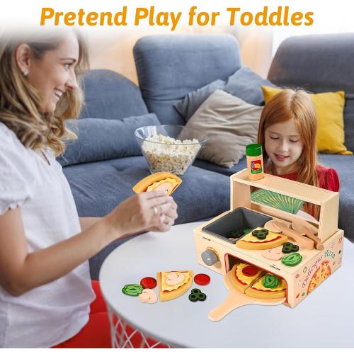 Wooden Pizza Toy, Wooden Pizza Counter Playset with Bake Oven, Montessori Pretend Play Toys, Play Food and Accessories, Cooking Pretend Play Toys for Boys Girls Age 3