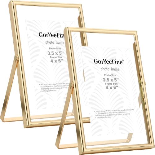 Gold 4x6 Floating Frame 2pack for picture(2x3'',3.5x5''),Adjustable Tabletop/Shelf floating Photo Frame 2x3'',Classy Metal Gift Frames for Wedding,Christmas,Birthady,Home or Office Decor.