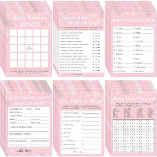 Harloon 302 Pcs Winter Snowflake Baby Shower Games, 6 Games, Pink