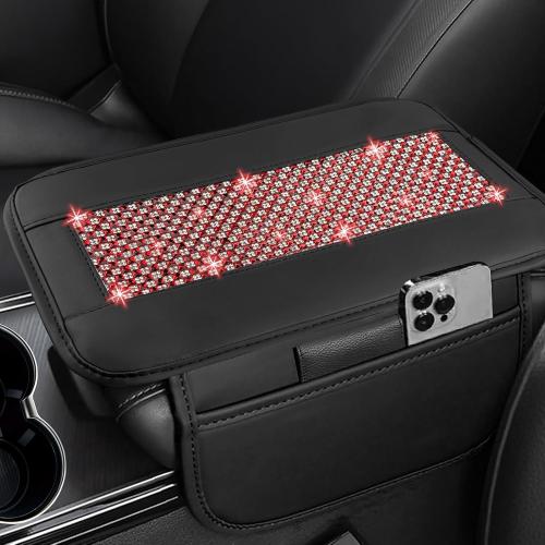 NBTEPEM Bling Car Armrest Cover, Universal Microfiber Leather Center Console Cover with 2 Pockets, Rhinestone Car Armrest Cushion Protector, Bling Accessories Interior for Most Vehicles (Red Diamond)