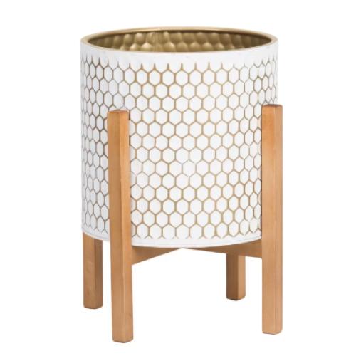 Honeycomb Mid-Century Modern Indoor Metal Pot Planter with 4-Leg Wood Base