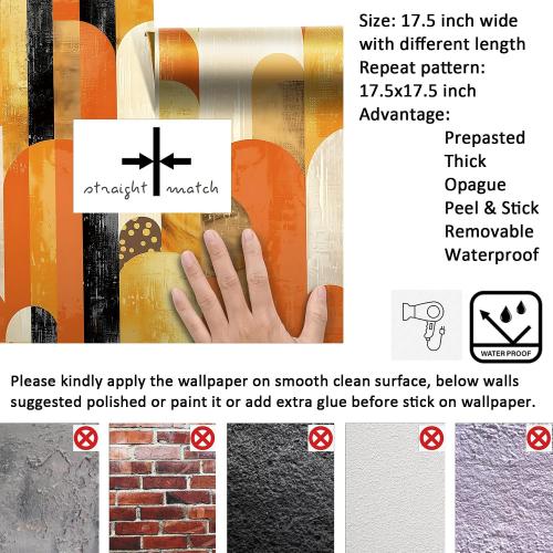 Livelynine 17.5x276 Bright Funky Peel and Stick Wallpaper Geometric Retro Orange Black Gold Yellow Wall Paper Renter Friendly Arched Vinyl Covering Watercolor Funky Pattern Contact Paper for Cabinets