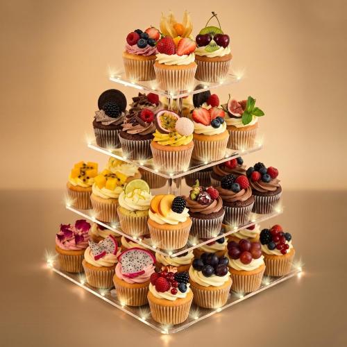 4 Tier Acrylic Cupcake Stand with Yellow LED Light Strip , Clear Cupcake Tower for 50 Cupcakes, Easy-to-Clean Cupcakes Stand and Cake Stand for Weddings, Birthdays, Parties