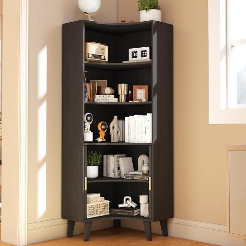 BLACK❗❗❗Tall Fluted Corner Cabinet with Sliding Doors,Storage Cabinet,corner shelf