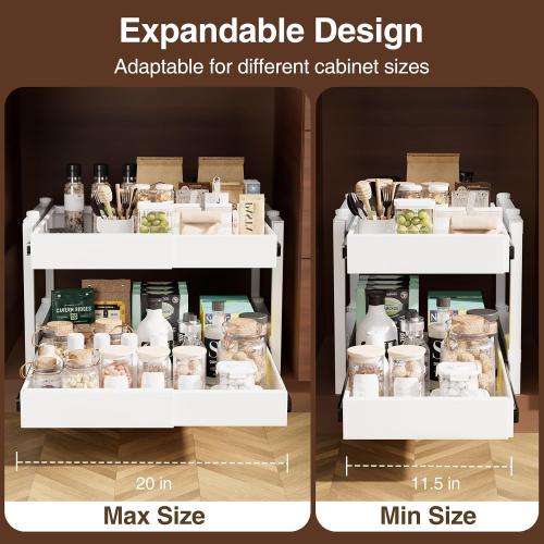 2-Tier Expandable Pullout Cabinet Organizer,Adjustable Width Metal Shelves
