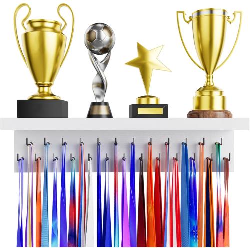 Medal Holder Display Trophy Shelf Organizer, Sturdy Wooden Race Award Hanger Rack with 25 Steel Hooks, Wall Mount Storage Stand for Sports Fans, Cheer Success