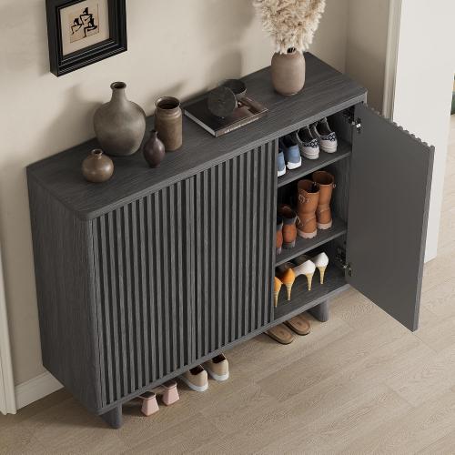 Garvee 46 Inch Shoe Cabinet with Fluted Door, 5-Tier Storage with 4 Adjustable Shelves, Rustic Entryway Shoe Bench for Hallway, Gray