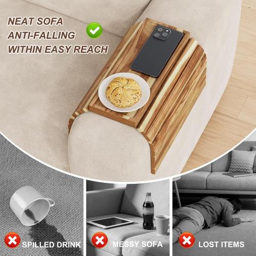ZUJJAFY Sofa Arm Tray, Acacia Wood Folding Couch Armrest Table, Anti-Falling Armrest Tables Cup Holder for Snacks, Drinks, Beers, Phone, Control, Flexible and Portable, Anti-Slip Bottom