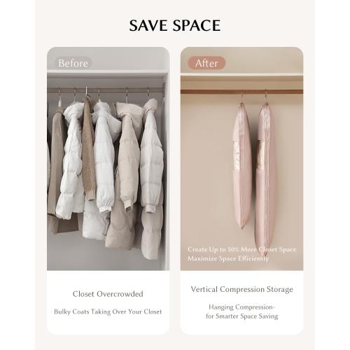 Beige Garment Bag for Hanging Clothes, Space Saving Dustproof Clothes Cover with Self-Compression Zipper, Visible Closet Organizer for Closet Storage (2 Each)