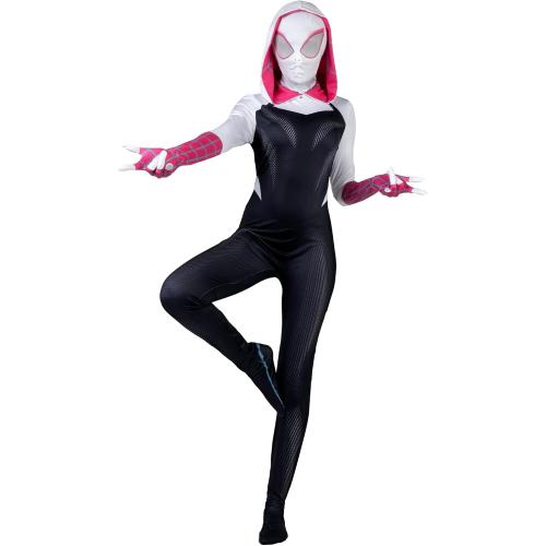 Size M MARVEL Spider-Gwen Official Adult Zentai Halloween Costume - Hooded Spandex Jumpsuit with Printed Design and Pull On Mask
