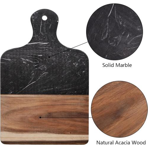 Coloch Marble and Acacia Wood Cutting Board, Black Charcuterie Chopping Board with Handle, Decorative Serving Board for Cheese, Steak, Bread, Fruit