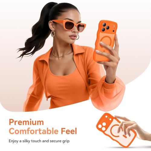 3 in 1 Magnetic for iPhone 17 Pro Max Case, Cute Wavy [Full Camera Protection][Fit for MagSafe] 1X Screen Protector 1X Wrist Strap, Anti-Slip Trendy Women Girly Case for iPhone 17 Pro Max 6.9, Orange