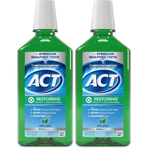 ACT Restoring Anticavity Fluoride Mouthwash with Zero Alcohol, Repairs Enamel & Strengthens Teeth, Mint Burst, 33.8 fl. oz., 2 pk