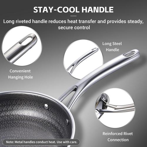 Ammeloo Hybrid Tri-Ply Stainless Steel Frying Pan Set, 8/9.5/11 Cooking Pans, Non Stick Frying Pans and Skillets, Chef Pan, Non Toxic, Dishwasher Safe, Induction Compatible, Black Interior
