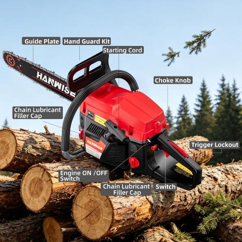 54.6cc Gas Chainsaw, 20 Inch Guide Bar, 3.2HP 2.4KW 2-Stroke Gasoline Chainsaw, Handheld Power Chain Saw with 65Mn Steel Chain, Quick Start, for Tree Cutting, Logging & Firewood