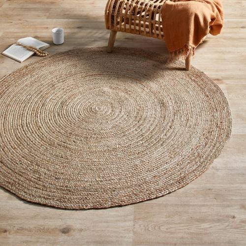 FRELISH DECOR Handwoven Jute Area Rug - 5 feet Round - Natural Yarn - Rustic Vintage Beige Braided Reversible Rug - Eco Friendly Rugs for Bedroom - Kitchen - Living Room - Farmhouse (5' Round)