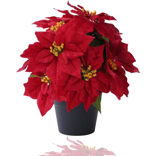 16“ Artificial Poinsettias Flowers for Outdoors Red Faux Christmas Poinsettia Plant 11 Heads Winter Flowers for Front Porch Garden Yard Patio Decor