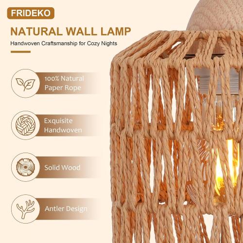 Frideko Rattan Wall Lamp with Plug in Cord Hand Woven Plug in Wall Sconces Paper Rope Wall Light Farmhouse Wall Sconce Wall Mounted Light Boho Wall Sconces Wall Lighting for Bedroom Living Room