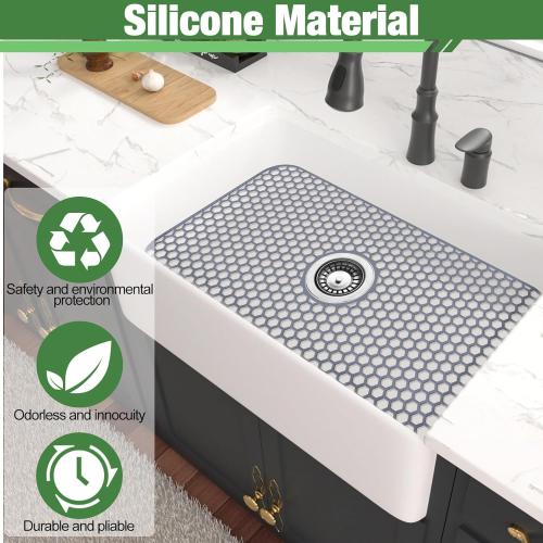 Sink Protectors Mat - 25.79x13.98 Kitchen Sink Pad for Bottom of Basin for Protection of Stainless Steel and Tableware, Farmhouse Rubber Basin Mat Protector with Center Drain - Light Gray