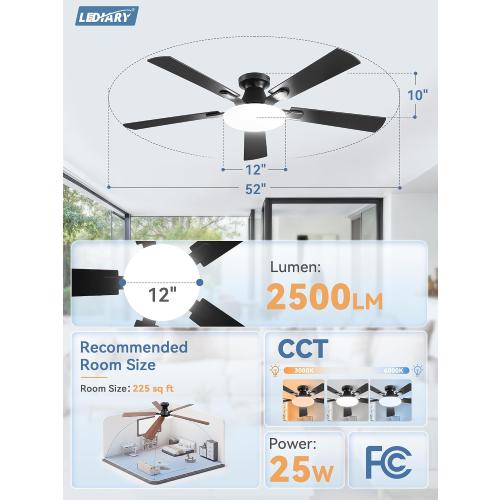 LEDIARY 52 Inch Flush Mount Ceiling Fans with Lights, Remote & APP Control