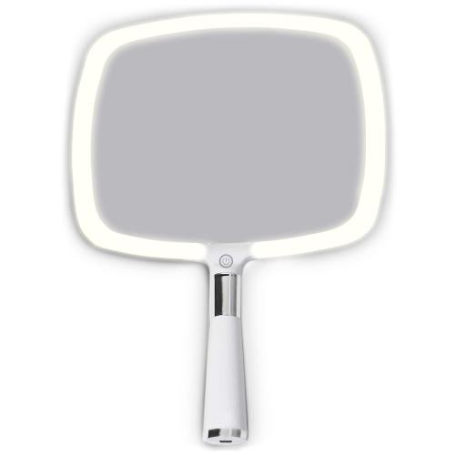 MIRRORVANA Lighted Travel Hand Mirror with Comfy Handle and Detachable Stand - Portable, Thin and Lightweight Design - Rechargeable with 3 LED Light Settings - 9 x 13 (White)