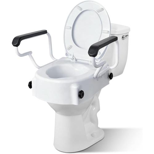 Raised Toilet Seat with Handles, 3 Heights (2/3.5/5 inch) Adjustable, Toilet Seat Riser for Seniors After Hip/Knee Surgery, 300lbs, Fits Round Toilet, with Lid, White | Adjustable Height