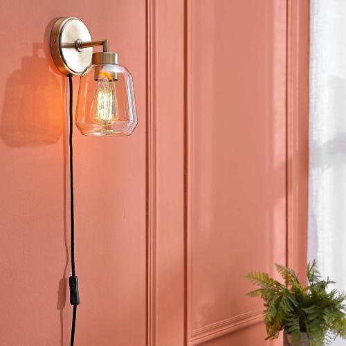 Globe Electric 1-Light Matte Brass Plug-in or Hardwire Wall Sconce with Smoked Amber Glass Shade and in-Line On/Off Switch
