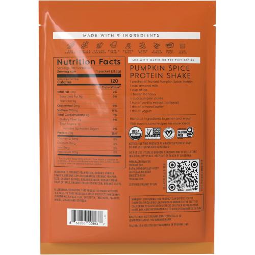 Truvani Vegan Pea Protein Powder | Pumpkin Spice | 20g Organic Plant Based Protein | 1 Serving | Keto | Gluten & Dairy Free | Low Carb | No Added Sugar