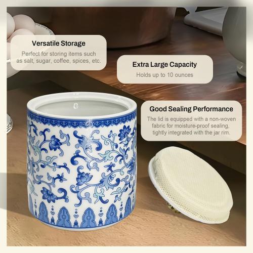 Vintage Blue White Salt Cellar with Lid - Airtight Ceramic Jar