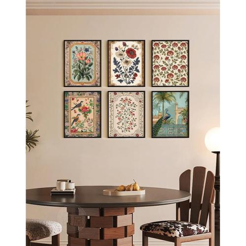 Indian Wall Art Vintage Floral Canvas Poster India Wall Decor Folk Flower Prints Scandinavian Pictures Antique Botanical Painting Gallery Artwork for Bedroom Living Room 8x10 Inch Unframed Set of 6