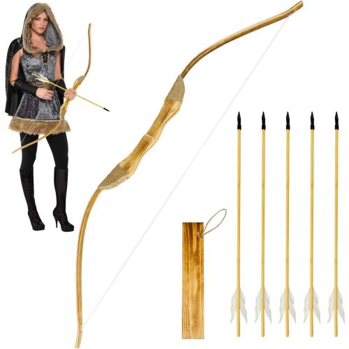 Wooden Bow and Arrow Set, 40 Inch Handmade Wooden Bow and Arrow Cosplay Costume Prop Archery Set Games Toys, 1 Bows 1 Quivers and 5 Feather Arrows, Gifts for Kids Youth Boys and Girls