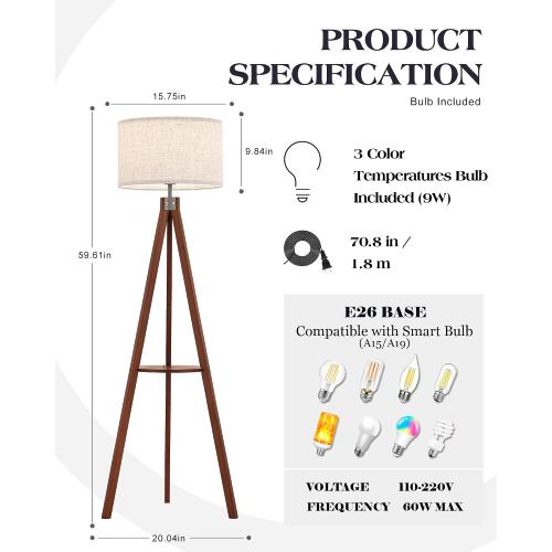ELYONA Mid Century Floor Lamp with 3 Color Temperatures LED Bulb, Modern Wood Tripod Table Reading Standing Light, Wooden Shelf Floor Lamp for Farmhouse Living Room Bedroom Office Linen Shade Brown