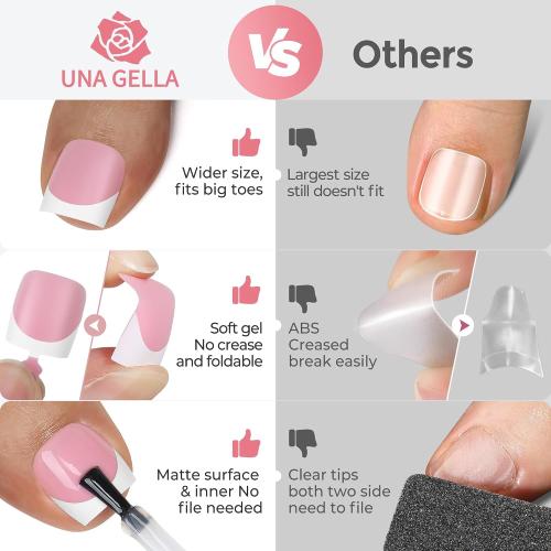 UNA GELLA French Toe Nail Press Ons, Pre-Etched 15 Sizes Sharp Square Berry Pink 180Pcs Press On Toenails False Toes Soft Gel Square Full Cover Fake Toenails for Nail Extensions DIY Salon Pedicure