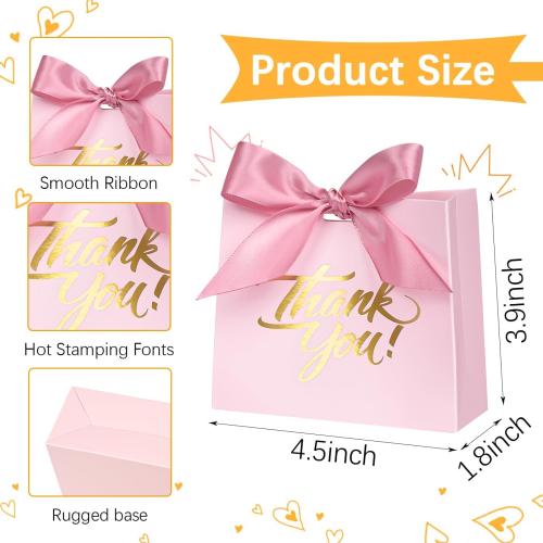 50Pack Small Thank You Gift Bags, 4.5x1.8x3.9 Inch Mini Gift Bags with Ribbon, Baby Shower Favor Bags, Pink Thank You Bags, Party Favor Bags for Candy, Wedding, Bridal Showers, Birthday