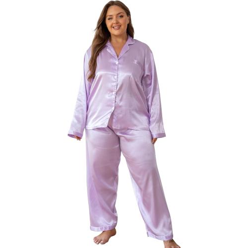 Vozanet Women's Plus Size Button Down Pajama Sets Satin Silky Long Sleeve Long Pants Sleepwear Loungewear Nighty XL to 5XL