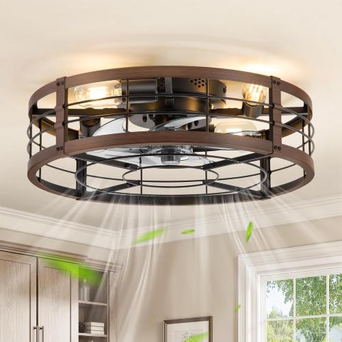 Walnut Caged Low Profile Ceiling Fan with Light and Remote