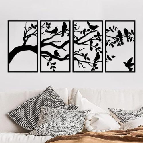 ruelen Wall Decor 4 Pieces Large Metal Birds and Branch Wall Art, Tree of Life Metal Wall Art, Black Leaves with Birds Silhouette Hanging Wall Sculpture For Indoor Home Bedroom Living Room Outdoor Branch Rectangular Large